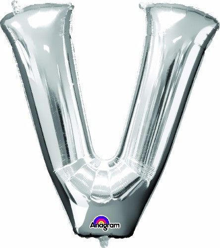 Silver Letter V balloon, 81cm, self-sealing and versatile for helium or air, perfect for elegant celebrations and decorations.