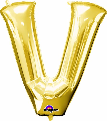 Gold Letter V balloon, 81cm, self-sealing, helium saver, perfect for celebrations and elegant decor.