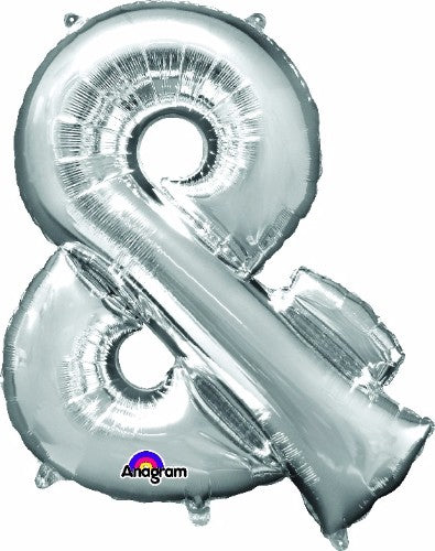Silver 96cm ampersand symbol foil balloon, self-sealing, helium saver design for elegant celebrations and decor.