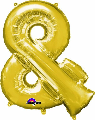 Gold 96cm ampersand symbol balloon, ideal for elegant celebrations, self-sealing, and helium saver technology for lasting buoyancy.