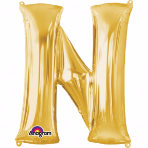 Gold Letter N Megaloon foil balloon, 40cm, self-sealing, perfect for celebrations and easy inflation with included straw.