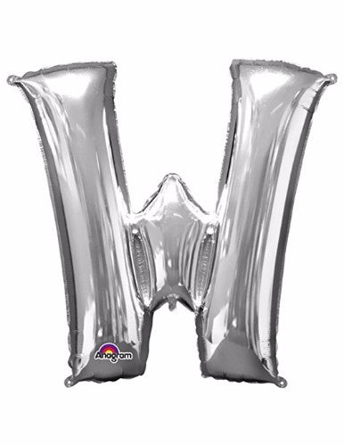 Shiny 40cm silver foil balloon shaped like the letter 'W', perfect for celebrations and easy to self-inflate.