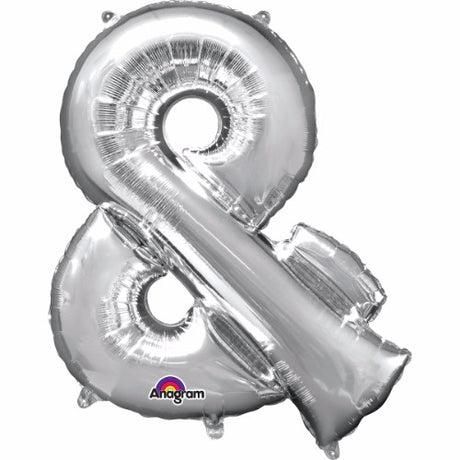 Silver 40cm foil balloon in shape of ampersand, perfect for elegant celebrations and easy self-inflation with included straw.
