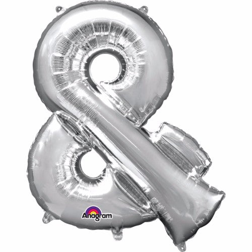 Silver 40cm foil balloon in shape of ampersand, perfect for elegant celebrations and easy self-inflation with included straw.