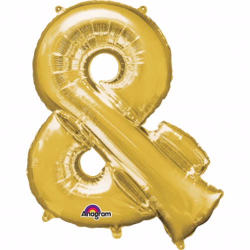 Gold 40cm foil balloon featuring an ampersand symbol, perfect for weddings and celebrations, with self-inflation straw included.