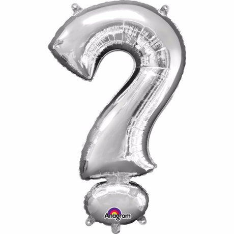 Silver 40cm question mark foil balloon, ideal for celebrations, self-sealing with straw for easy inflation, adds fun to events.