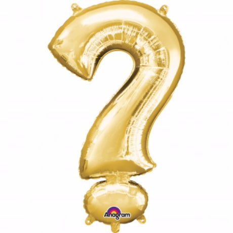 Gold 40cm foil balloon shaped like a question mark, perfect for celebrating unexpected moments at parties and events.