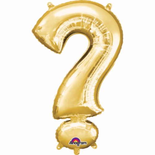 Gold 40cm foil balloon shaped like a question mark, perfect for celebrating unexpected moments at parties and events.