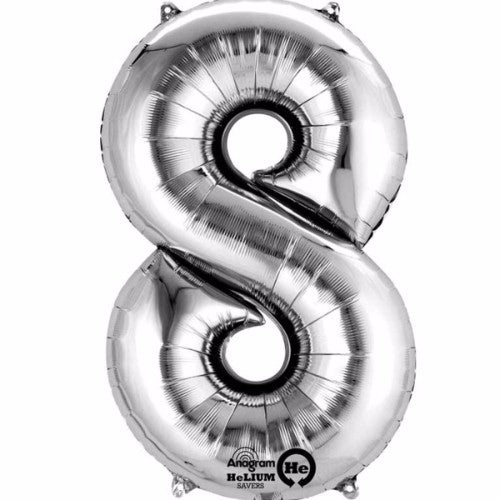 "Elegant silver 40cm Number Eight foil balloon, perfect for celebrations, easy self-inflation straw included."