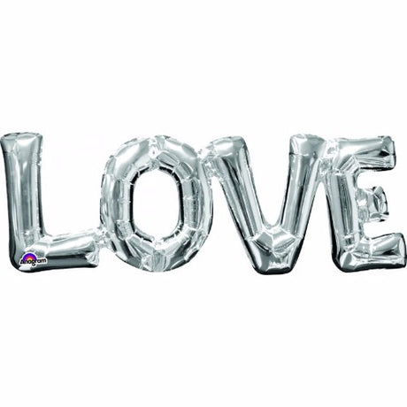Silver "LOVE" script foil balloon, 63cm x 22cm, perfect for romantic celebrations and easy air inflation.