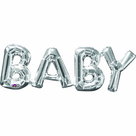 Elegant silver "BABY" script foil balloon, 66cm x 22cm, perfect for baby showers and celebrations, self-sealing with straw included.
