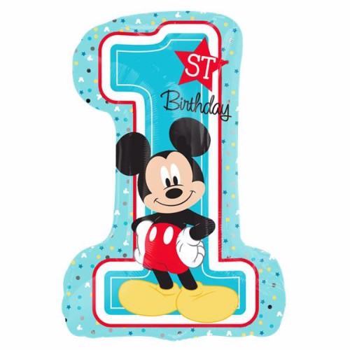 Vibrant Mickey Mouse foil balloon for a child's 1st birthday, measuring 48cm x 71cm, perfect for festive celebrations.