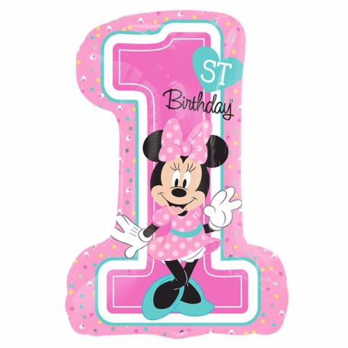 Shape Minnie balloon for 1st birthday, 48cm x 71cm, self-sealing foil, perfect for themed parties and celebrations.