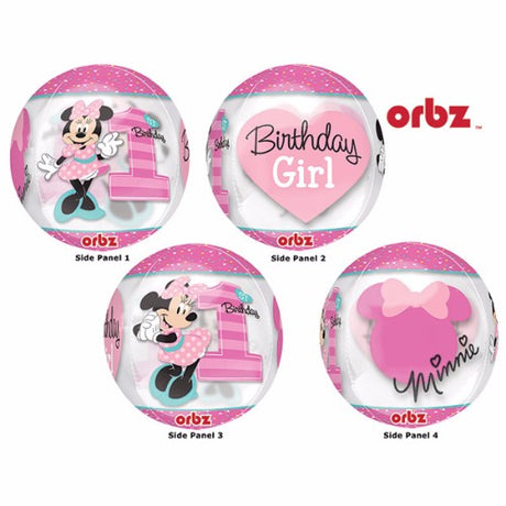 Shape Orbz balloon featuring Minnie Mouse for a magical 1st birthday, self-sealing and clear design, 38cm x 40cm size.