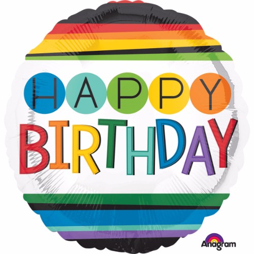 Vibrant 45cm rainbow stripes Happy Birthday foil balloon, perfect for adding color to any birthday celebration.