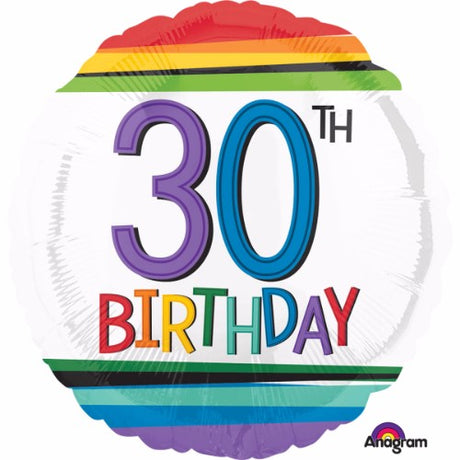 Vibrant 45cm rainbow stripes foil balloon for 30th birthday celebrations, perfect for adding color and joy to any party.