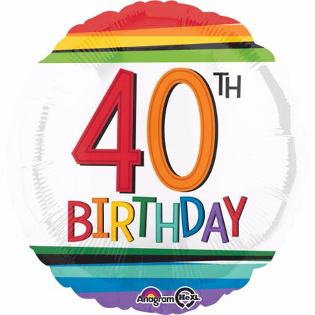 45cm rainbow stripes foil balloon for 40th birthday celebration, self-sealing and requires helium for display.