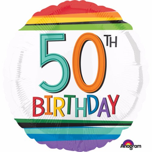 45cm rainbow stripes foil balloon for 50th birthday celebrations, self-sealing and vibrant, perfect for festive décor.