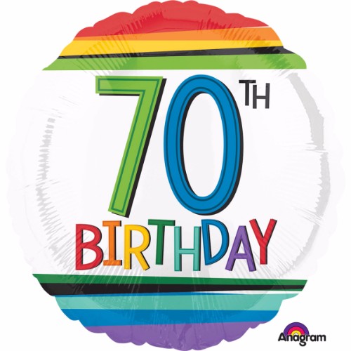 45cm foil balloon with vibrant rainbow stripes for a 70th birthday celebration, perfect for parties and decor.