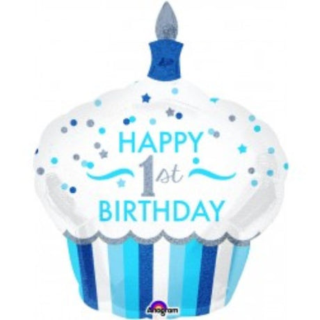 Holographic foil balloon shaped like a cupcake for a boy's 1st birthday, featuring vibrant colors and self-sealing design.