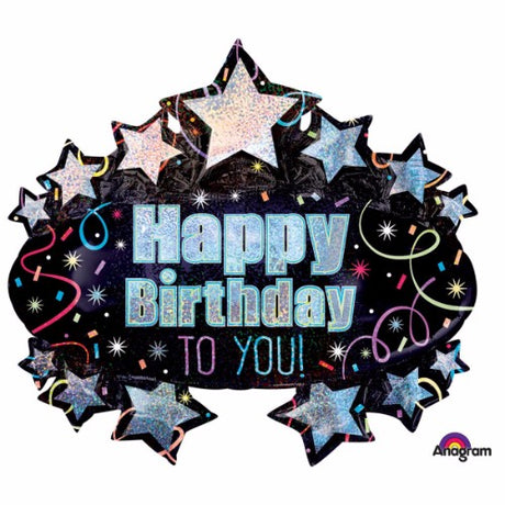 Holographic "Happy Birthday To You" marquee balloon, 78cm x 71cm, perfect for festive celebrations and easy helium inflation.