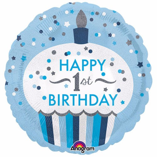 Holographic 45cm balloon featuring a cupcake design, perfect for celebrating a boy's first birthday party.