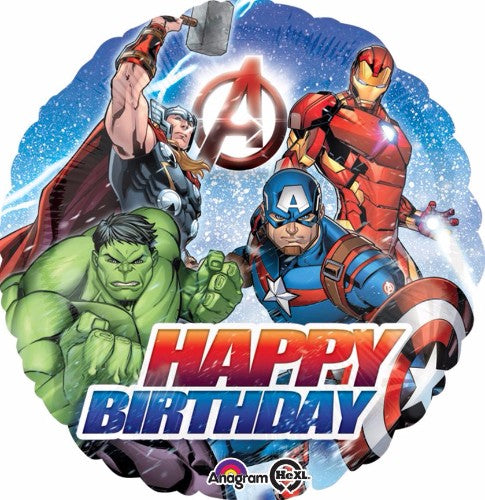 Colorful 45cm Avengers Happy Birthday foil balloon featuring Iron Man, Captain America, and Thor for superhero-themed parties.