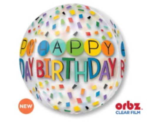 Clear Shape Orbz Balloon filled with rainbow confetti, perfect for vibrant birthday celebrations, measuring 38cm x 40cm.