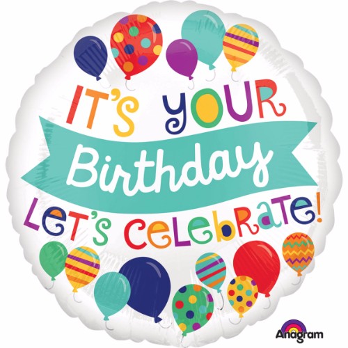Vibrant 22cm foil balloon that says "It's Your Birthday Let's Celebrate," perfect for festive birthday decorations.