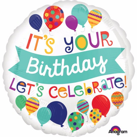 Vibrant 22cm foil balloon that says "It's Your Birthday Let's Celebrate," perfect for festive birthday decorations.