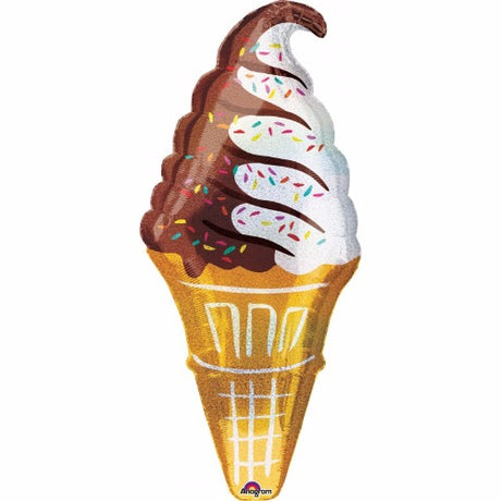 Holographic foil balloon shaped like an ice cream cone with chocolate and sprinkles, perfect for festive celebrations.