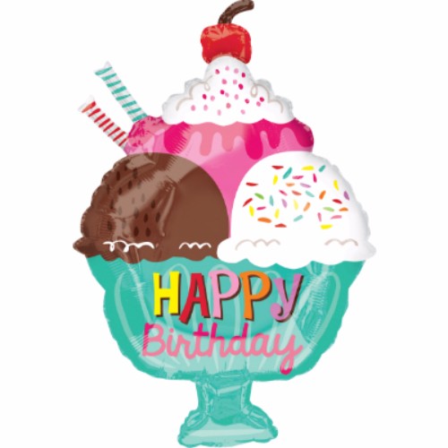 Colorful ice cream sundae-shaped birthday balloon, perfect for festive celebrations and adding joy to parties.