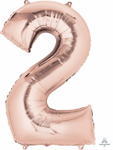 Rose gold foil balloon shaped like number two, 86cm, self-sealing, perfect for elegant celebrations and versatile decorations.