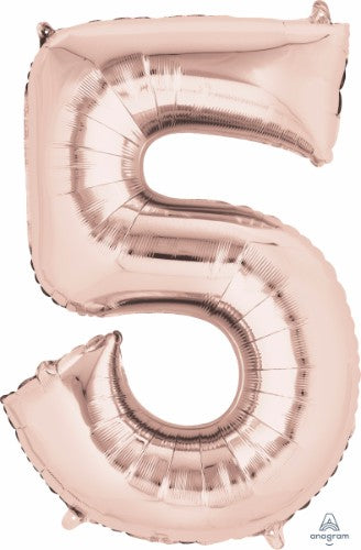 Rose gold shape number five balloon, 83cm, self-sealing, ideal for celebrations, adds glamour to parties and photo shoots.