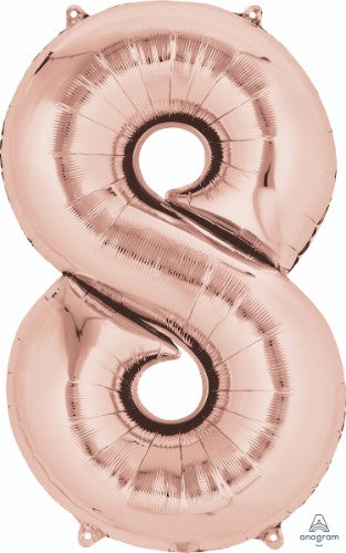 Rose gold foil balloon shaped like the number eight, 86cm, ideal for stylish celebrations and photo backdrops.