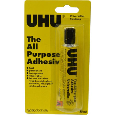 Uhu All Purpose Glue in a 35 ml blister pack, fast-drying, clear adhesive for various materials and projects.