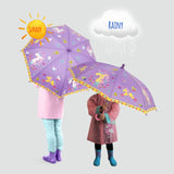 Vibrant unicorn umbrella that changes color in the rain, combining whimsical charm with practical utility for rainy days.