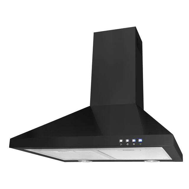 Stylish black pyramid-shaped range hood with 1000m3/hr airflow, adjustable speeds, LED lights, and easy-clean filters.