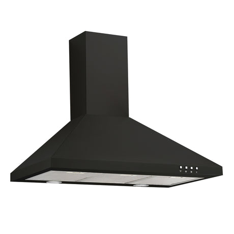 Pyramid-style black rangehood with LED lights, 3 speed settings, and dishwasher-safe aluminum grease filters.