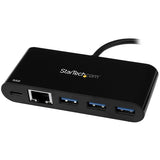 USB-C to Ethernet Adapter with 3-Port USB 3.0 Hub, providing Gigabit network access and Power Delivery for seamless connectivity.