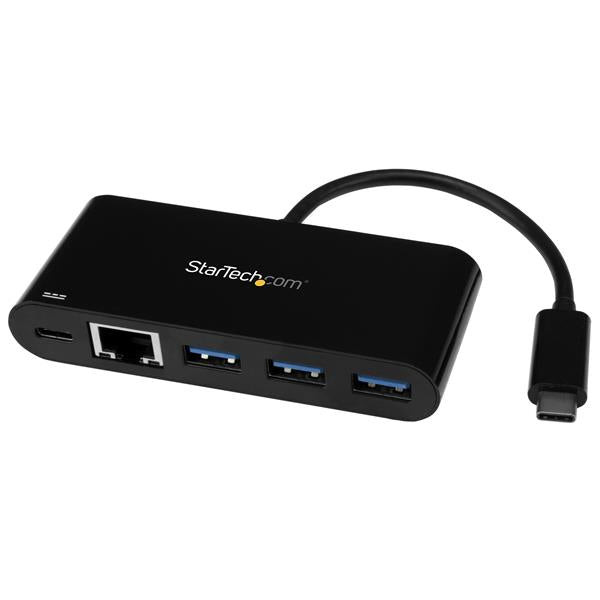 USB-C to Ethernet adapter with 3 USB 3.0 ports, providing Gigabit wired internet and Power Delivery for seamless connectivity.