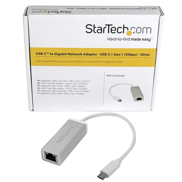 USB-C to Gigabit Network Adapter in silver, compact design for stable internet connections, plug-and-play with native driver support.