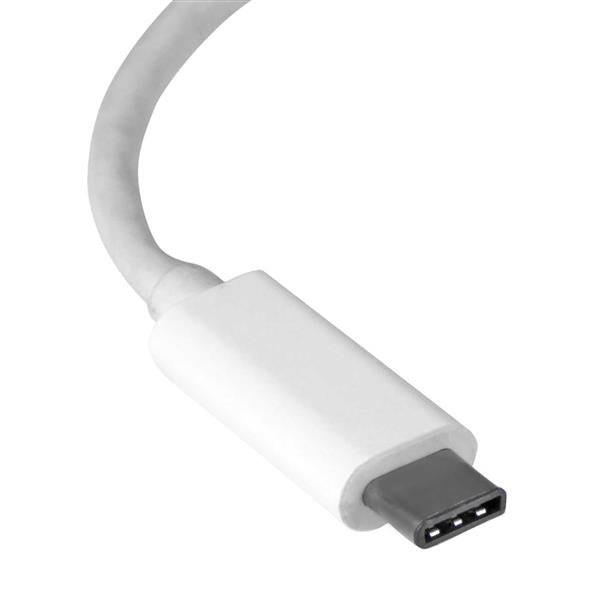 USB-C to Gigabit Network Adapter in white, featuring fast 5 Gbps speeds, easy plug-and-play setup, and compact design.