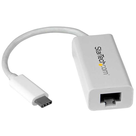 USB-C to Gigabit Network Adapter in white for high-speed network access, featuring compact design and native driver support.