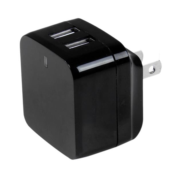 Dual-Port USB Wall Charger in black, designed for global travel with 17W power, dual ports, and universal plug compatibility.