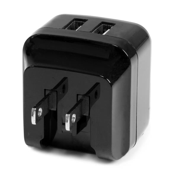 Dual-port USB wall charger in black with universal adapter for international travel, offering 17W power for simultaneous device charging.