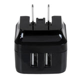 Dual-Port USB wall charger in black, with 17W/3.4A output, perfect for international travel and simultaneous device charging.