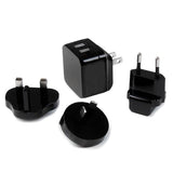 Dual-port USB wall charger in black for international travel, 17W/3.4A, with universal power adapter and compact design.