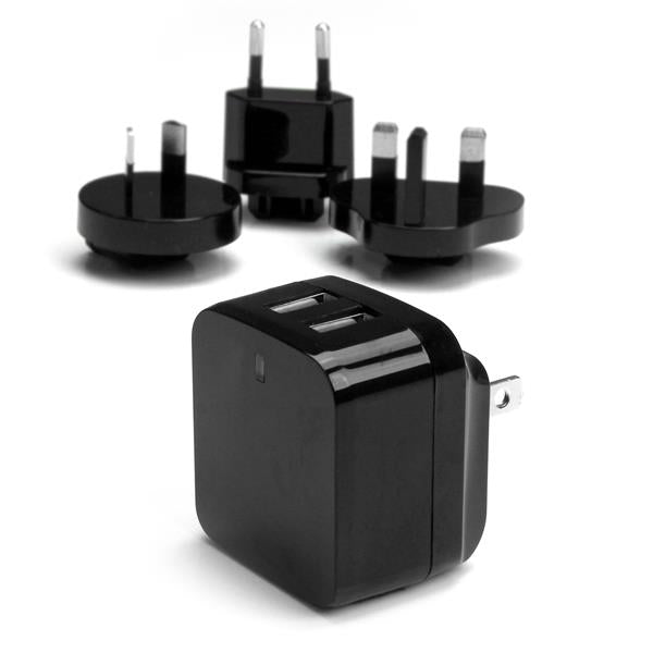 Dual-port USB wall charger for international travel, 17W power, sleek black design, lightweight and compact for easy packing.