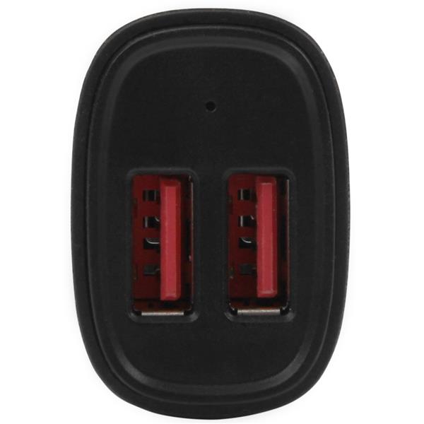 Dual-Port USB Car Charger in black, allowing simultaneous charging of two devices with 24W power and Smart IC technology.